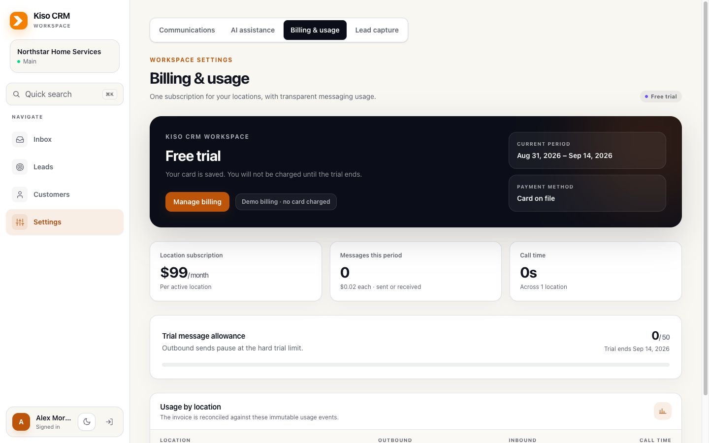 Kiso CRM billing page with trial and usage details