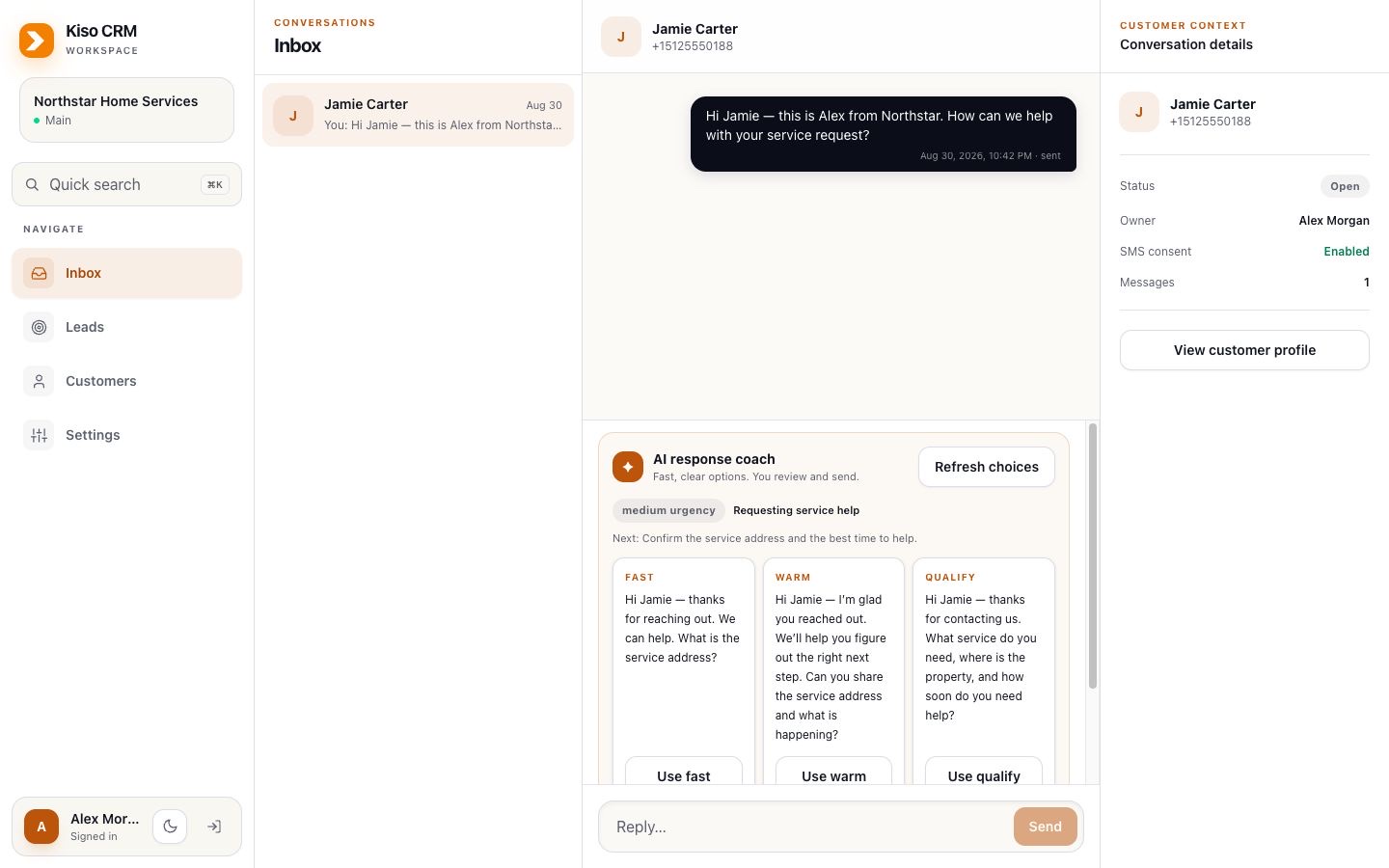 Kiso CRM shared inbox showing a real two-way customer text conversation