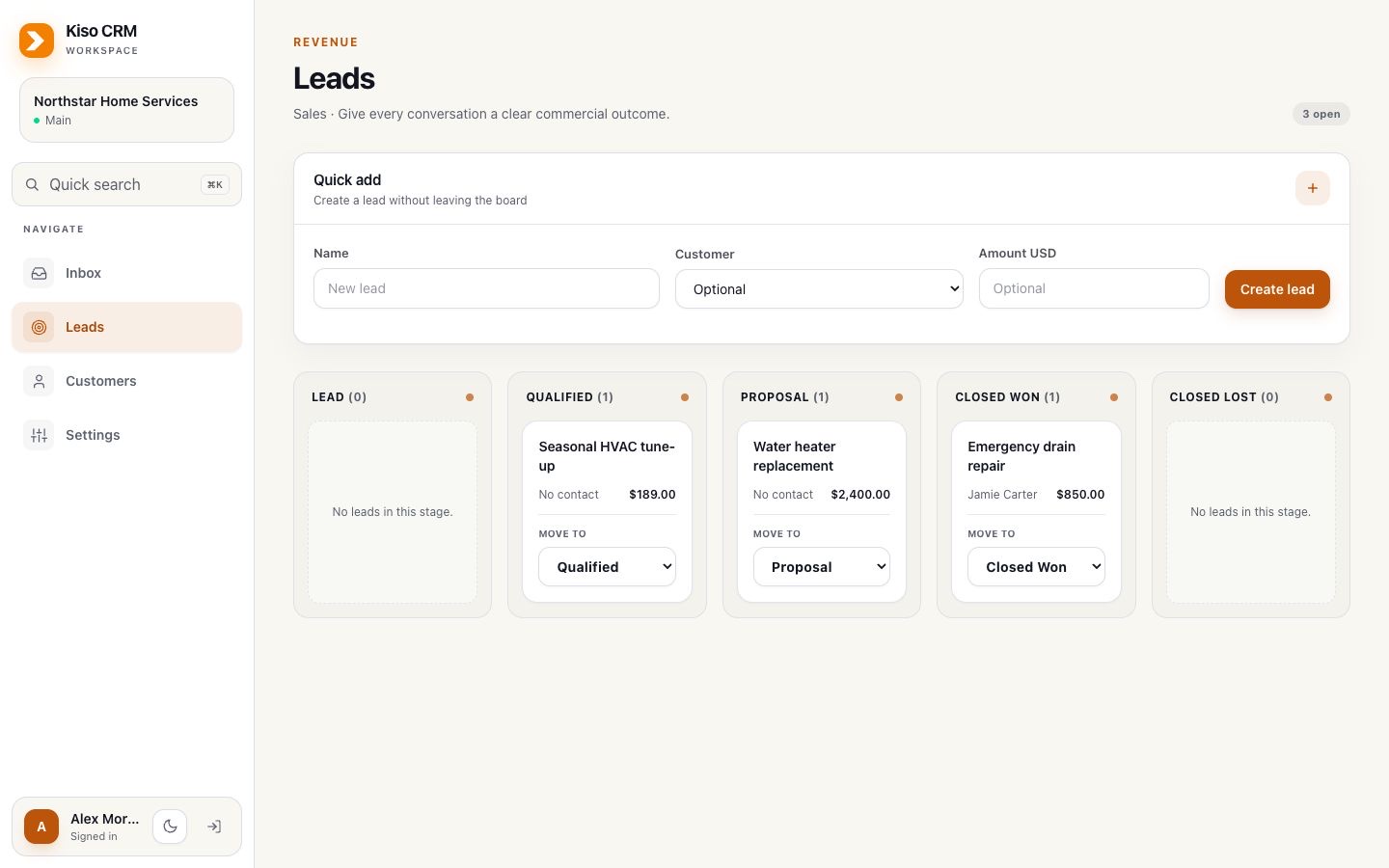Kiso CRM lead pipeline with open and closed opportunities